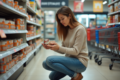 Femme compare différentes marques de pâté pour chat en supermarché