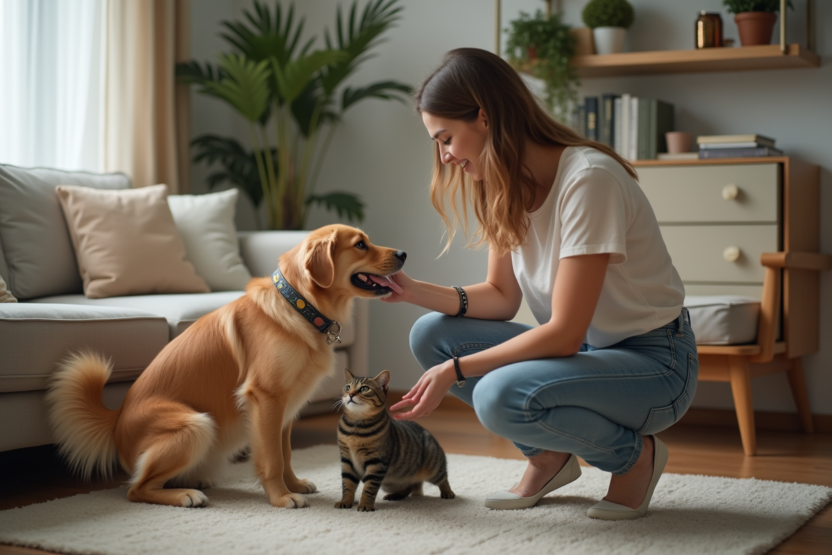 Jeune femme accueillante avec chien et chat dans un salon