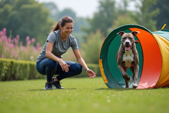 Femme sportive guidant son chien dans un tunnel d'agilité extérieur