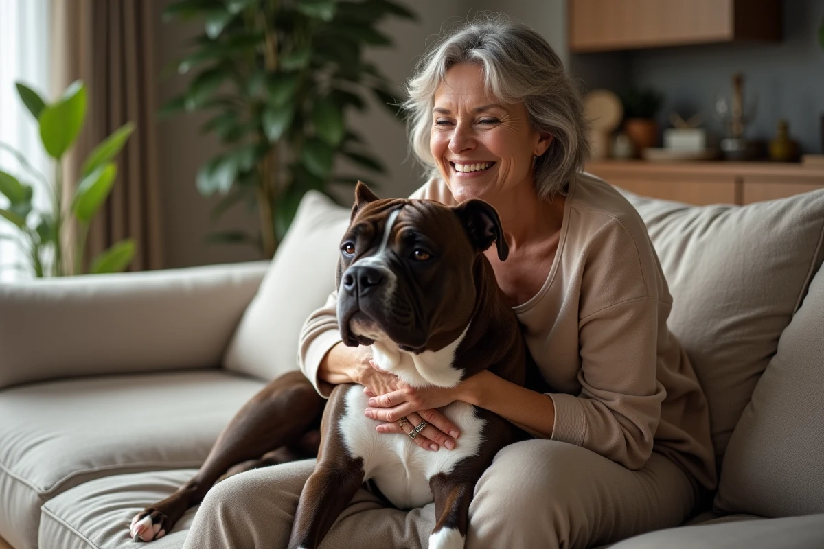 Femme souriante avec un American Bully XXL dans son salon