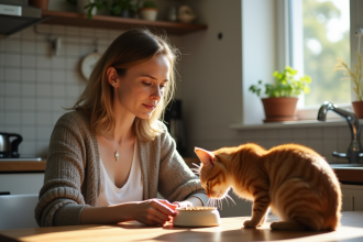 Femme assise avec son chat dans la cuisine lumineuse
