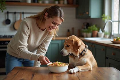 Femme souriante avec son chien dans la cuisine moderne