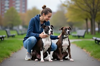 Femme avec deux chiens en ville dans un parc