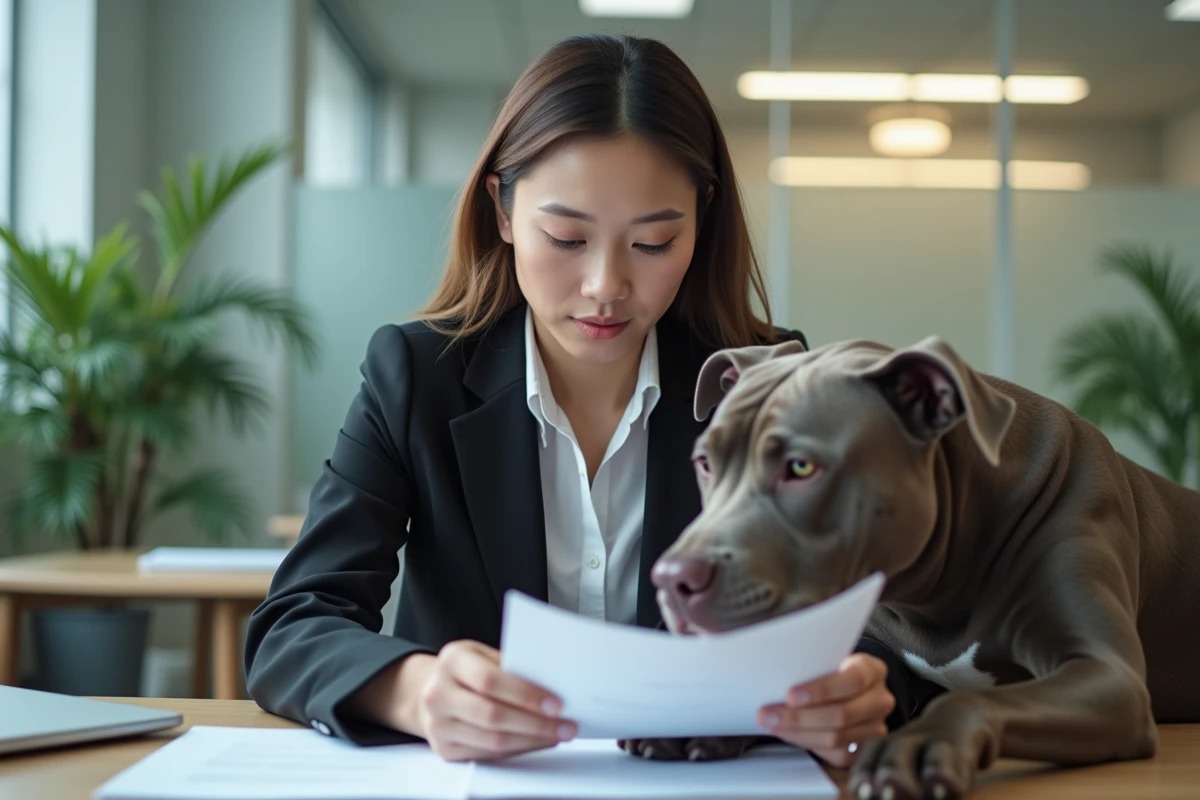 Femme au bureau avec un pitbull au pied