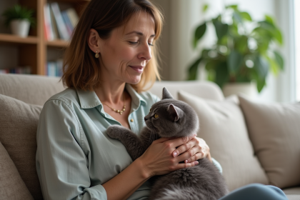 Femme apaisante un chat gris dans un salon lumineux