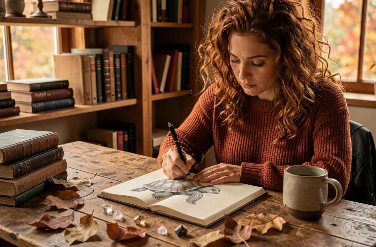 Femme dessinant une tortue dans un carnet spirituel, exploration du symbole de la tortue comme animal totem personnel