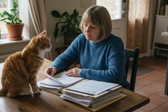 Femme réfléchissant à des papiers d'assurance pour animaux avec son chat