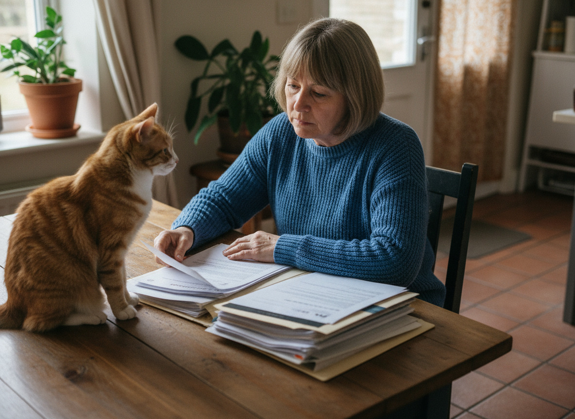 Femme réfléchissant à des papiers d'assurance pour animaux avec son chat