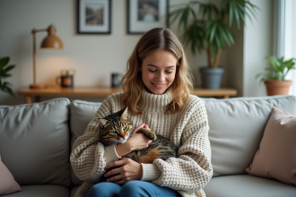 Femme âgée avec chat dans un salon chaleureux