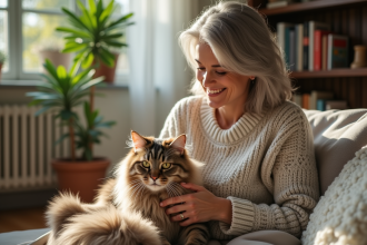 Femme caressant un chat longhair dans un salon cosy