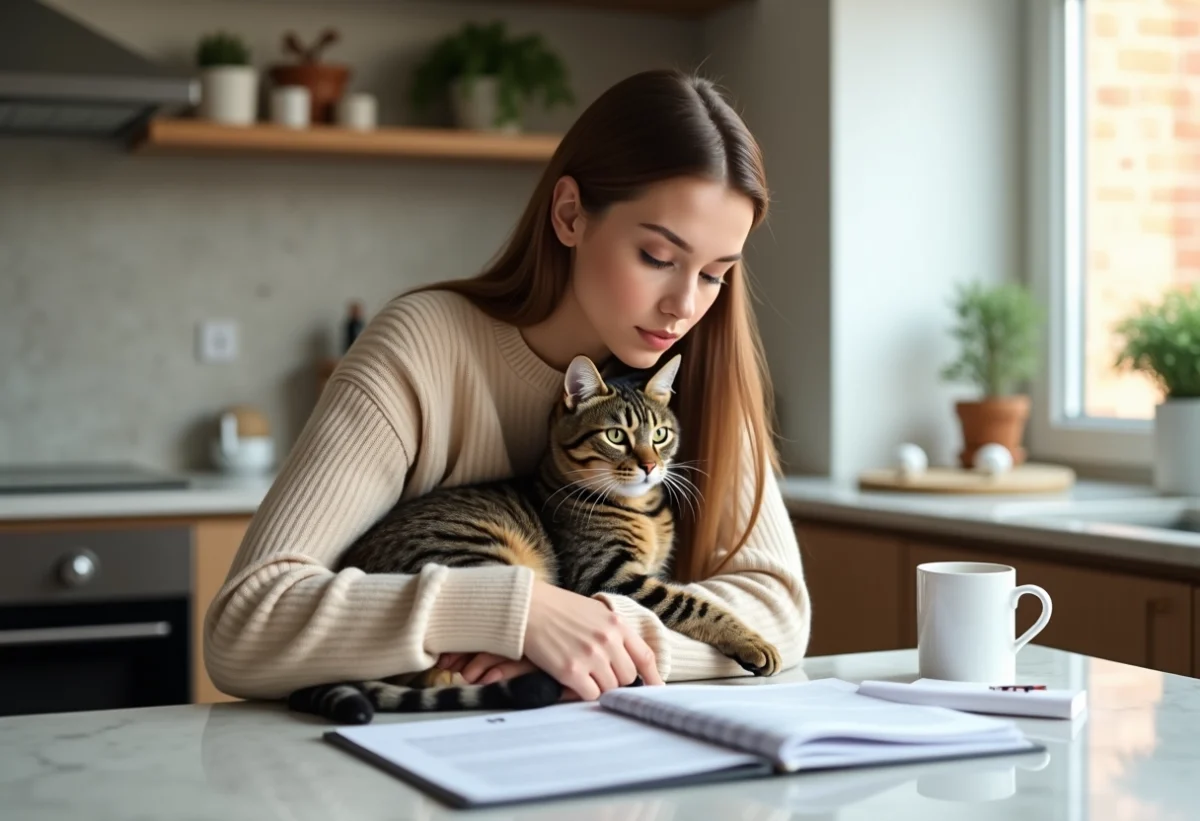 Jeune femme avec chat dans la cuisine moderne