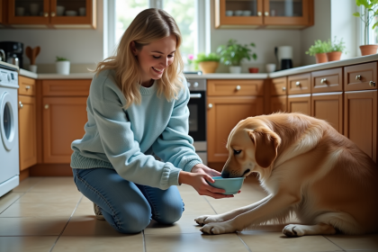 Femme donnant de l'eau à un chien dans la cuisine chaleureuse