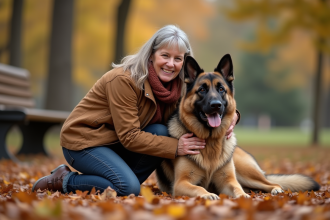 Femme d'âge moyen avec chien dans un parc automnal