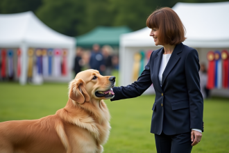Femme avec chien golden retriever lors d'un concours canin