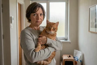 Femme tenant son chat roux dans les bras avant de le confier à une association de protection animale