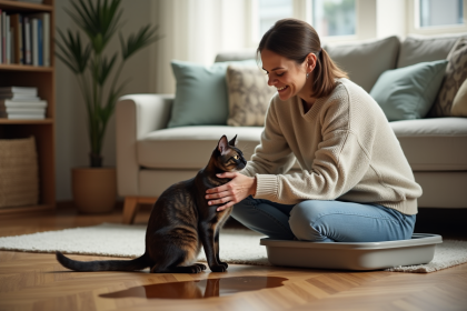 Femme réconforte un chat près de la litière dans un salon chaleureux