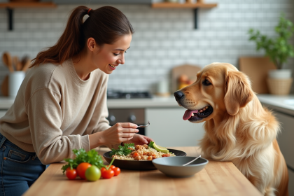 Femme préparant des légumes pour son chien dans une cuisine lumineuse