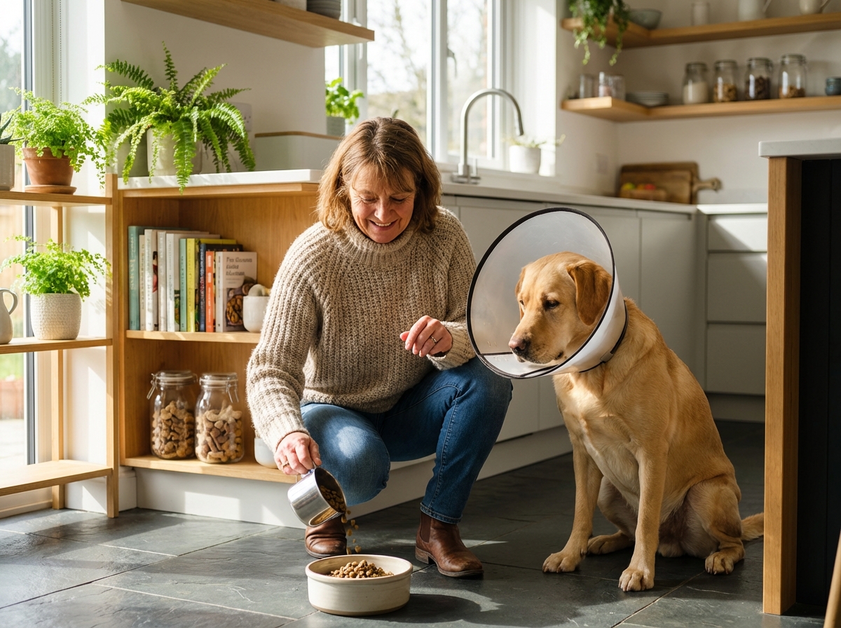 Femme en cuisine avec son labrador neutre et doux