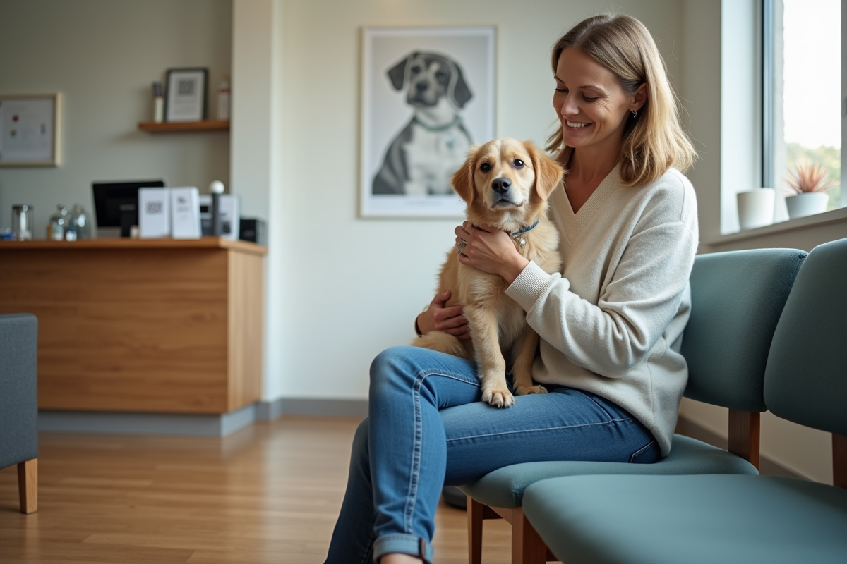 Femme avec son chien dans une clinique vétérinaire moderne