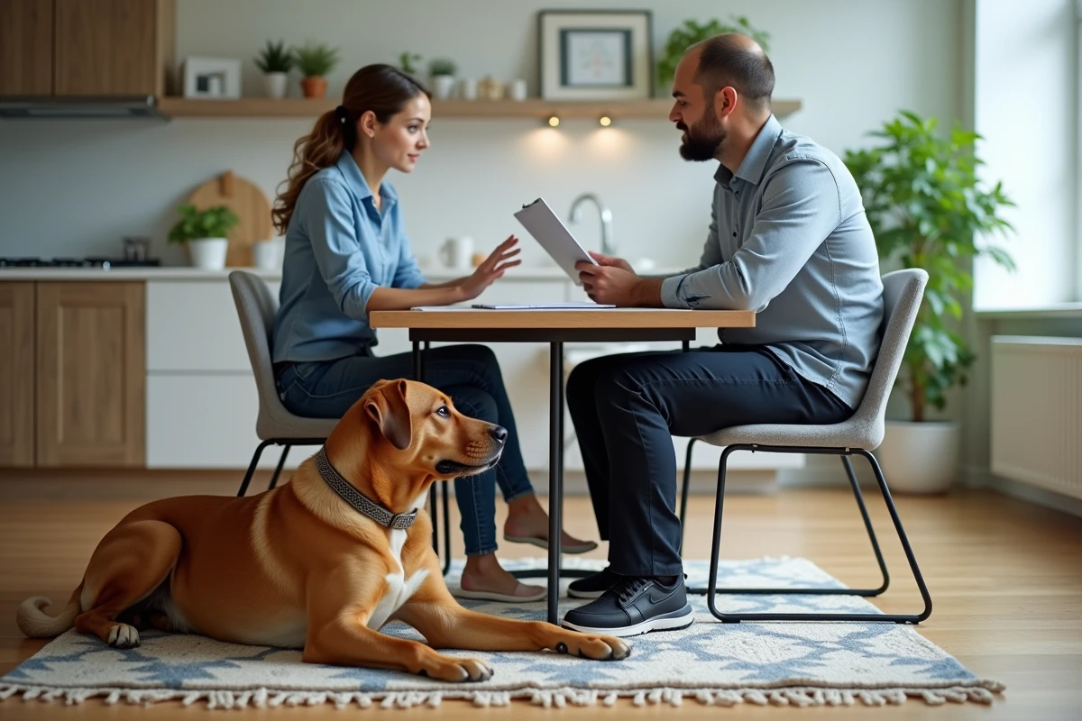 Femme discutant de location avec un homme et leur chien relaxe