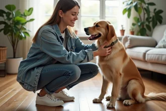 Jeune femme caressant un golden retriever dans un salon lumineux
