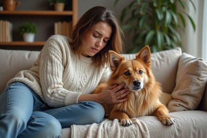 Femme réconforte un chien calme dans un salon chaleureux