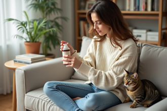 Femme vaporisant une huile essentielle sur un canapé avec un chat
