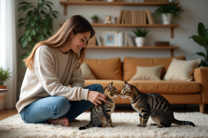Jeune femme avec chatons dans un salon cosy