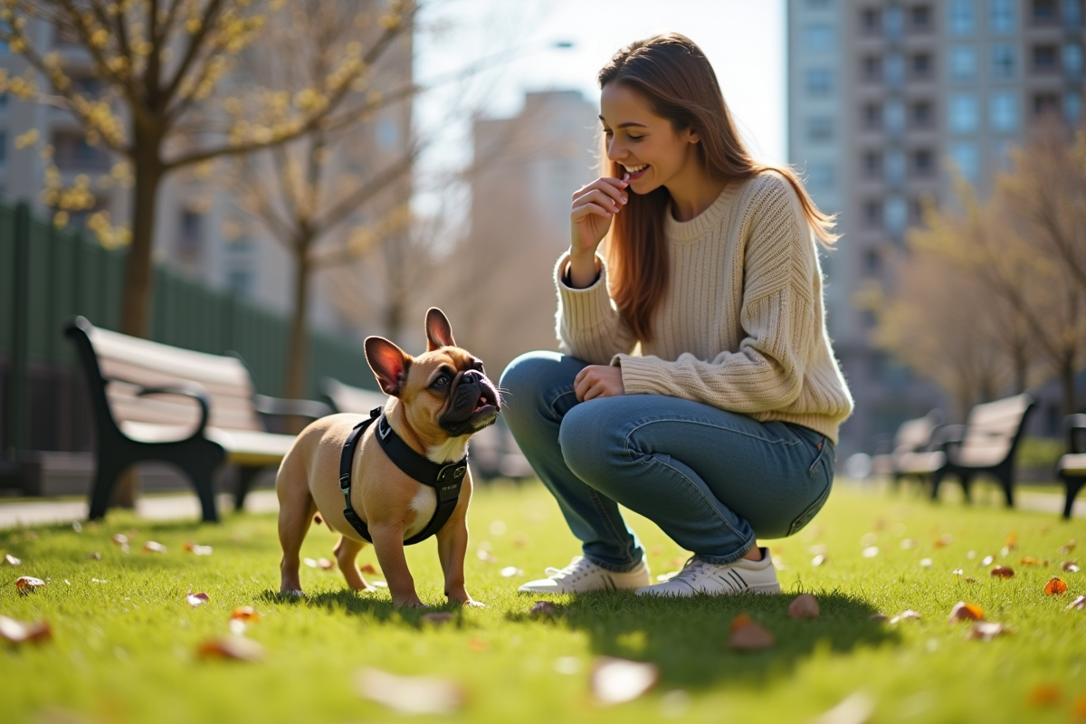 Jeune femme jouant avec son bouledogue français dans un parc