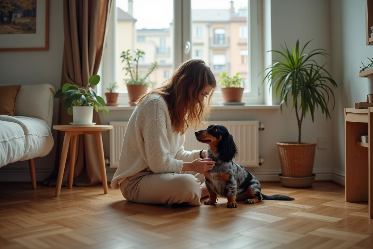 Jeune femme jouant avec son Teckel Arlequin poils longs sur le parquet d'un appartement