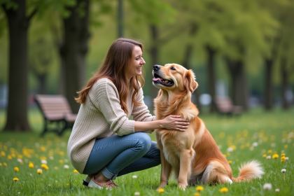 Femme souriante avec son chien dans un parc urbain