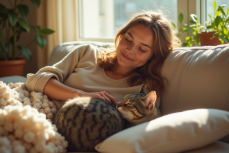 Jeune femme relaxant avec son chat dans un salon lumineux