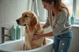 Femme lavant un golden retriever dans la salle de bain