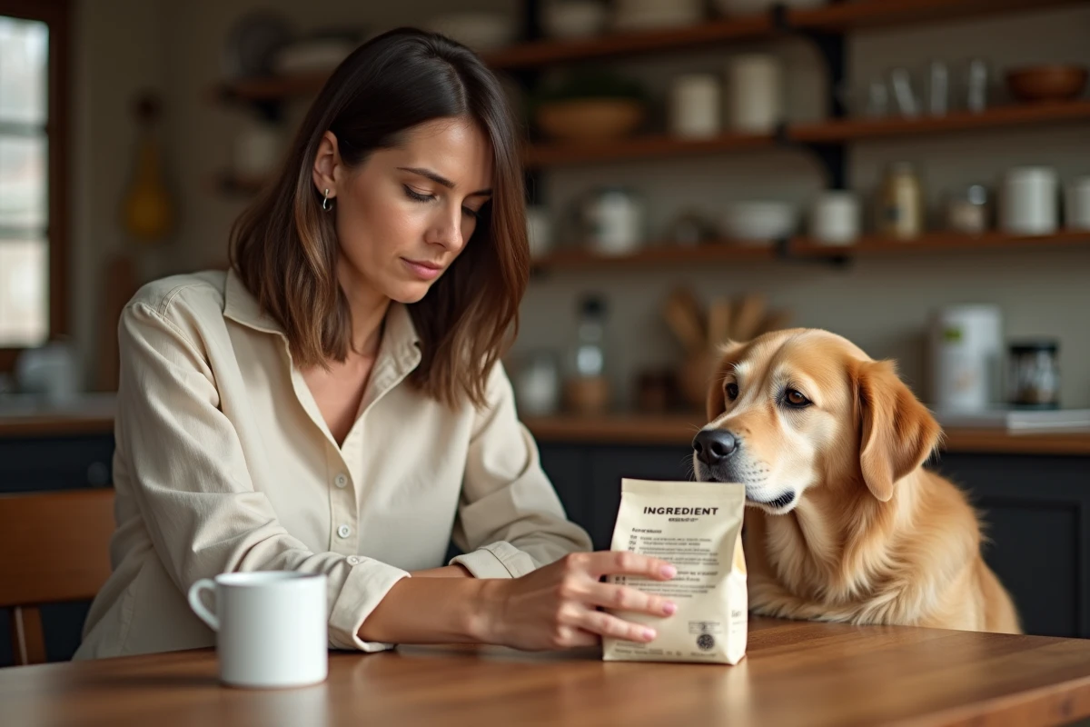 Femme lisant attentivement l'étiquette des ingrédients d'un sac de croquettes pour chien avec son golden retriever