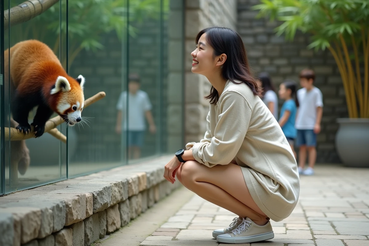 Femme admirant un panda roux dans un enclos vitré au parc animalier de Strasbourg en milieu de matinée
