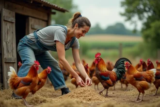 Femme en vêtements de travail dispersant du grain pour les poules