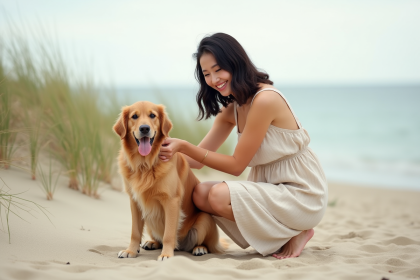 Jeune femme souriante avec son chien sur la plage