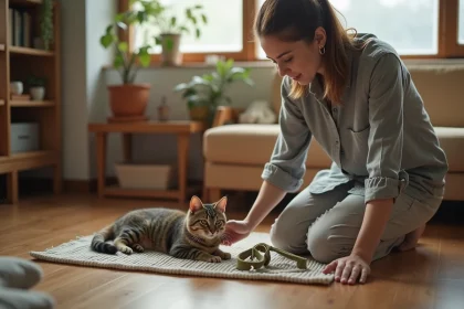 Femme posant calmement un harnais à côté de son chat tigré sur un plaid tricoté dans un salon cosy