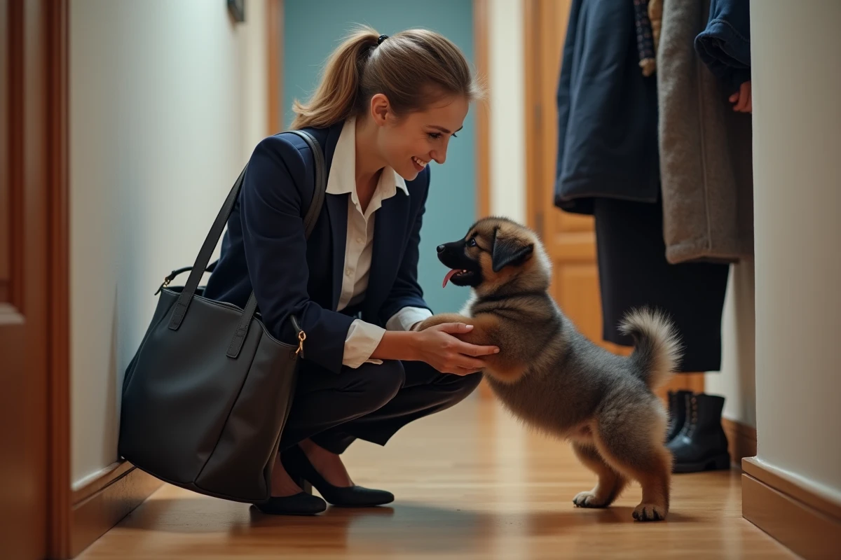 Femme qui rentre du travail et retrouve son chiot eurasier enthousiaste dans l'entrée de son appartement