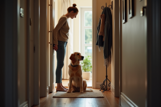 Femme fermant la porte avec son retriever assis à l'intérieur