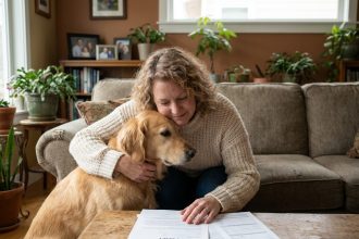 Femme souriante avec son retriever dans un salon chaleureux