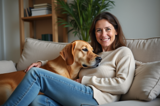 Femme détendue avec son retriever dans le salon