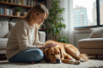 Femme réconfortant un retriever triste dans un salon