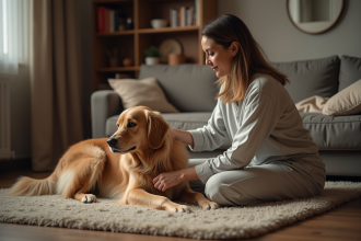 Femme en pyjama caressant un retriever au salon