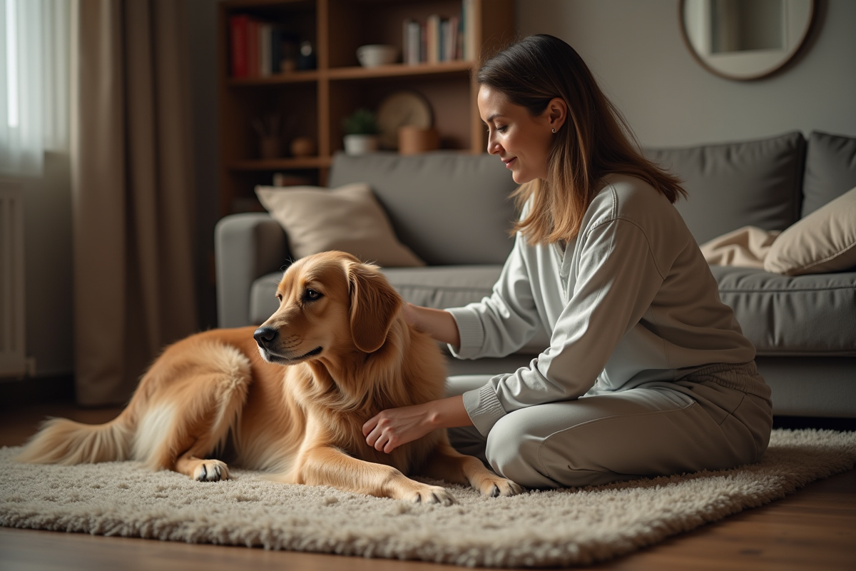 Femme en pyjama caressant un retriever au salon
