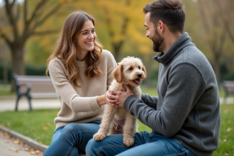 Femme souriante donnant un chien à un homme dans un parc parisien