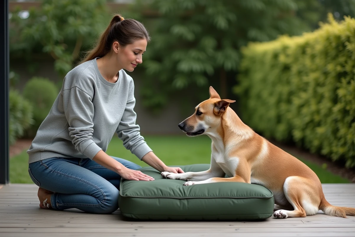 Femme testant la solidité d'un coussin imperméable pour chien sur une terrasse en bois avec un chien assis à ses côtés