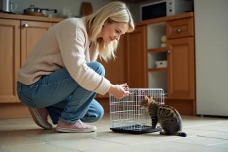 Femme agenouillée près d'une trappe à chat dans la cuisine