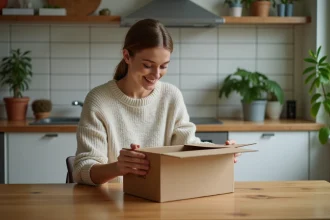 Femme dans sa trentaine déballant un kit d'antenfant moderne à la maison