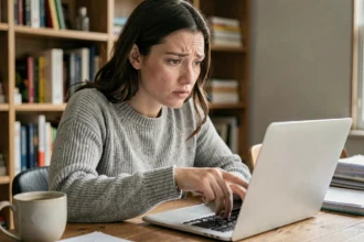 Femme scrutant un écran d'ordinateur portable pour détecter un faux site marchand en ligne